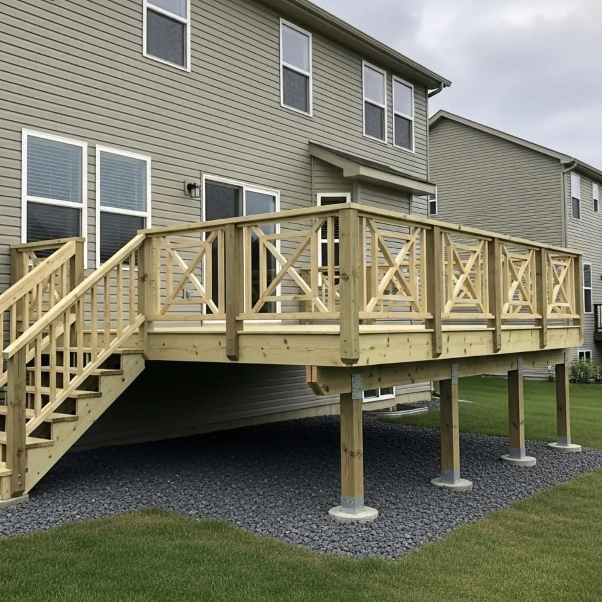 A raised pressure-treated deck with an X-pattern railing