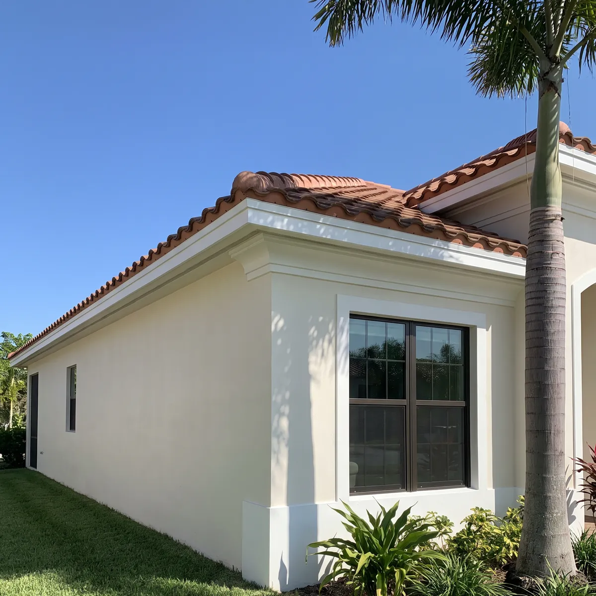 The freshly painted stucco corner of a Florida home with white trim